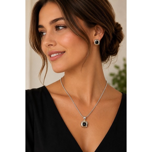 Jewelry - Silver Tone Black Faceted Stone Necklace & Pierced Earrings Set Gold Tone Accent